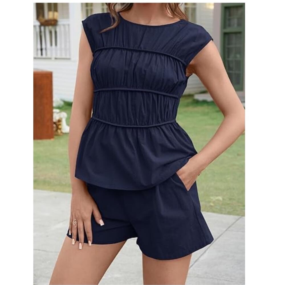 Tankaneo 2 Piece Cotton Shorts Set Women’s Large Navy Smocked Peplum Top NWT